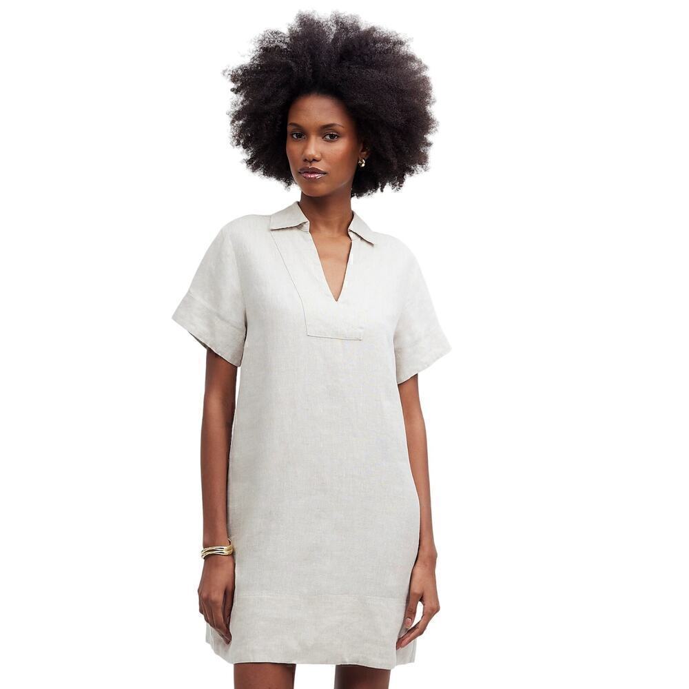 Madewell Women's V-Neck Mini Dress in 100% Linen Natural Undyed S